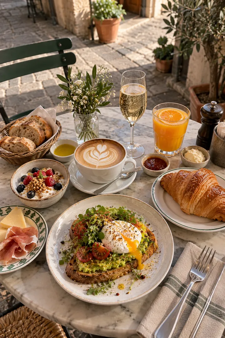 Café breakfast: avocado toast with poached egg, croissant, yogurt with berries and granola, cappuccino, orange juice, bread, ham and cheese — each item labeled with its calories