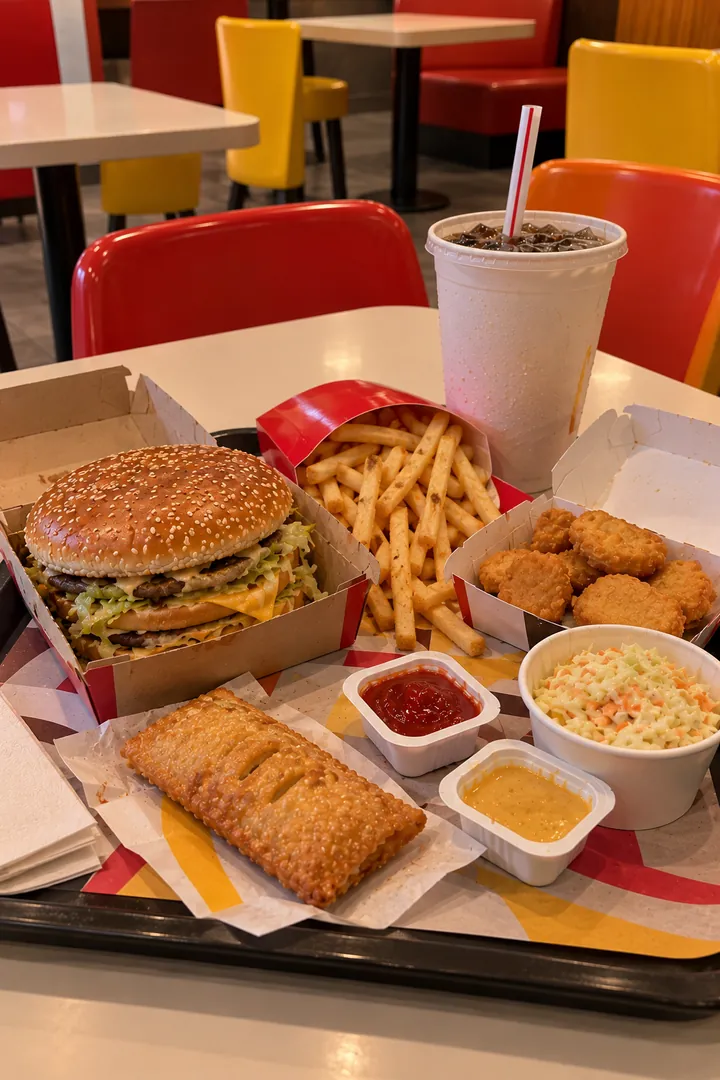 Fast-food tray: double cheeseburger, fries, chicken nuggets, cola, coleslaw, fried pie and sauces — each item labeled with its calories