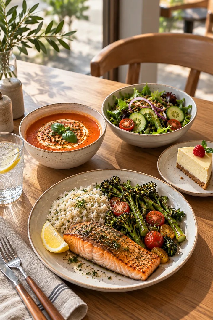 Lunch on a table: tomato soup, green salad, lemon water, cheesecake and salmon with rice — each dish labeled with its calories