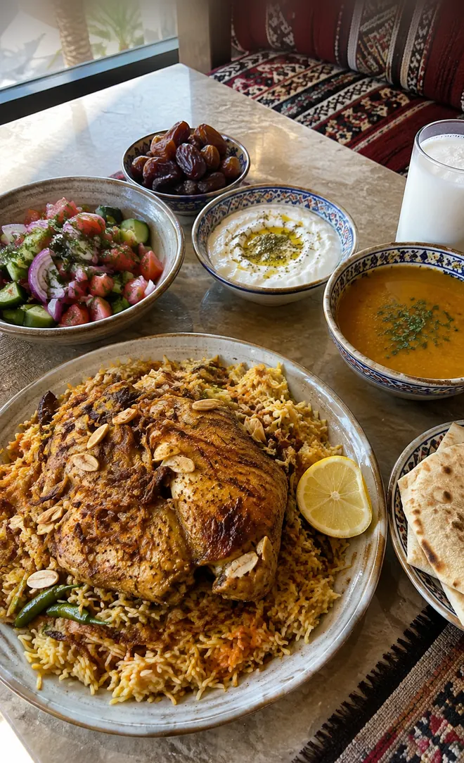 Arabic lunch: chicken kabsa, lentil soup, labneh, salad, dates, laban and flatbread — each dish labeled with its calories