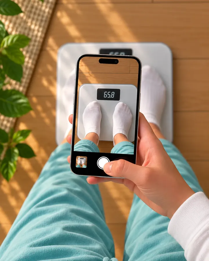 A phone photographing the bathroom scale display